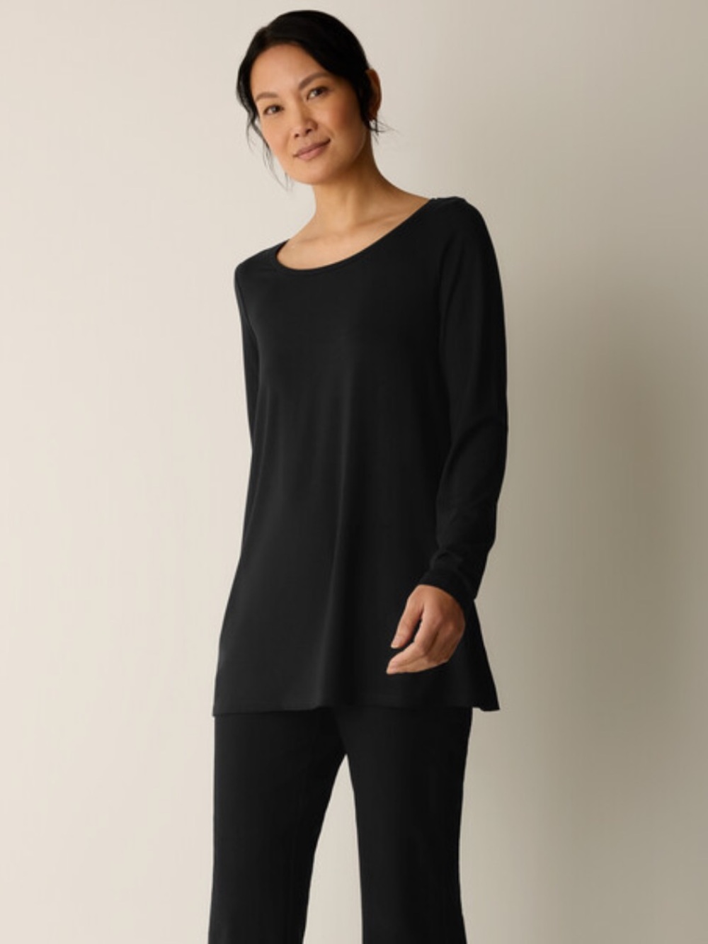 Eileen fisher black long sleeve v neck + ballet neck tunic tops size L (2)
